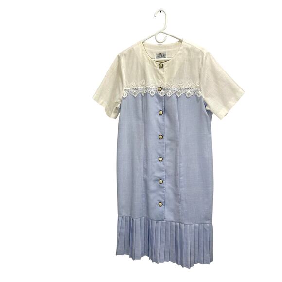 Vintage 80s ILGWU Manikin Woven Charleston Blue & White Pleated Trim Dress - Picture 13 of 13